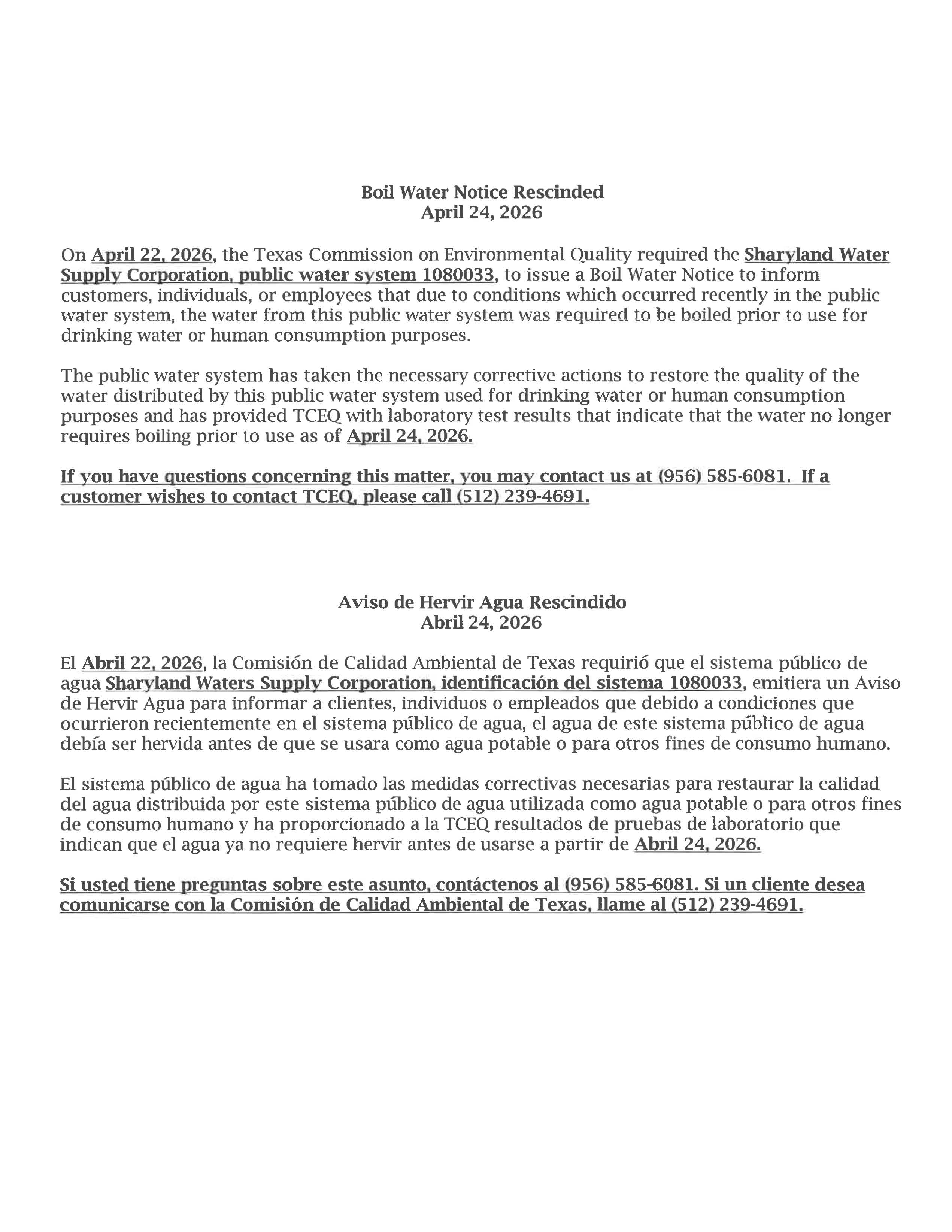 Sharyland WSC Rescind Notice